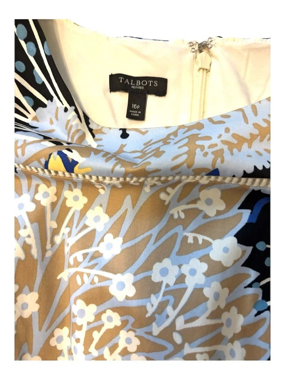 Talbots Botanical Garden Floral Blue & Cream Short-Sleeve Sheath Dress Size 16P